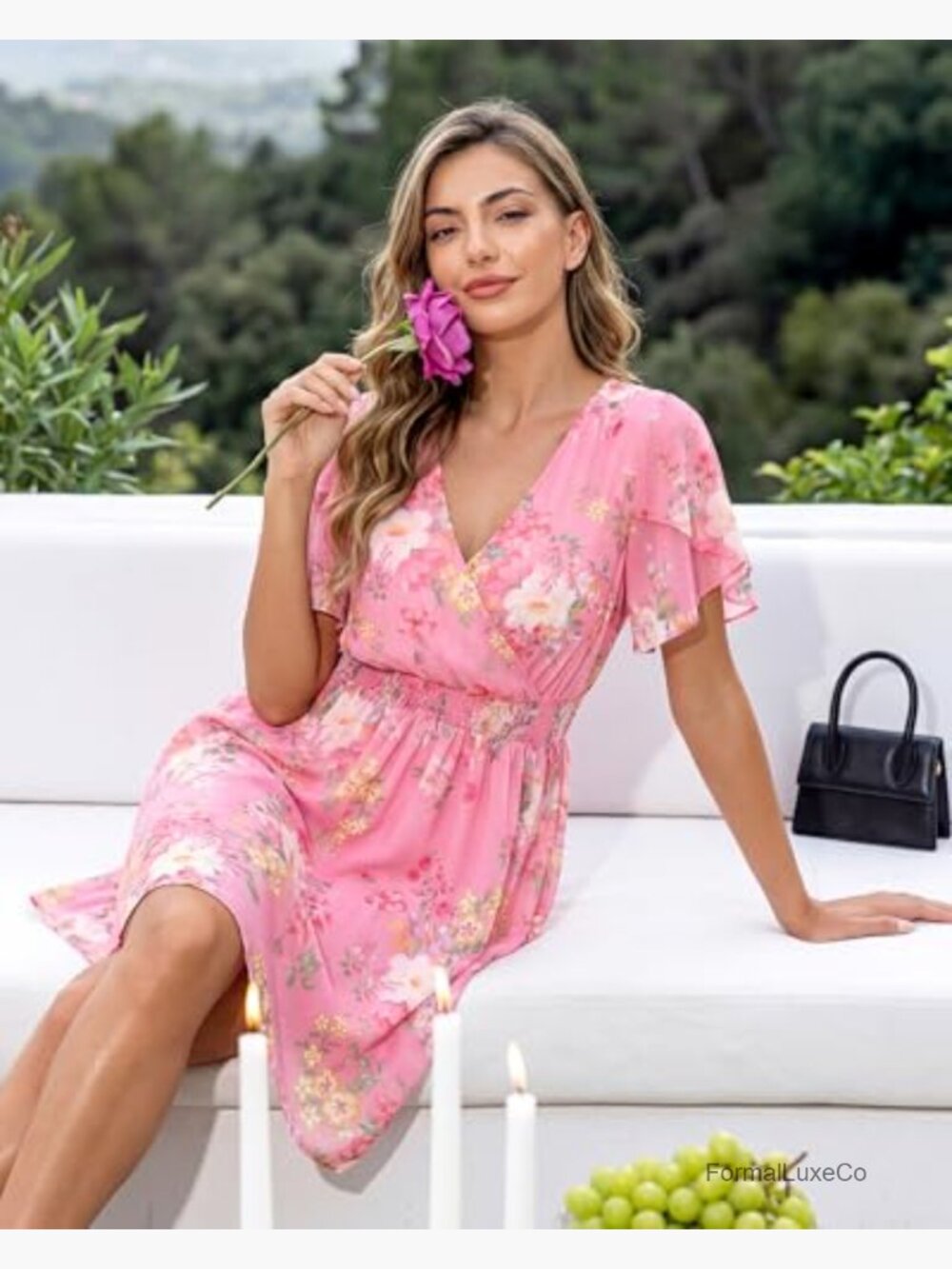 Women's Ruffle Sleeve V-Neck Flowy Chiffon Mini Dress - Picture 2 of 7